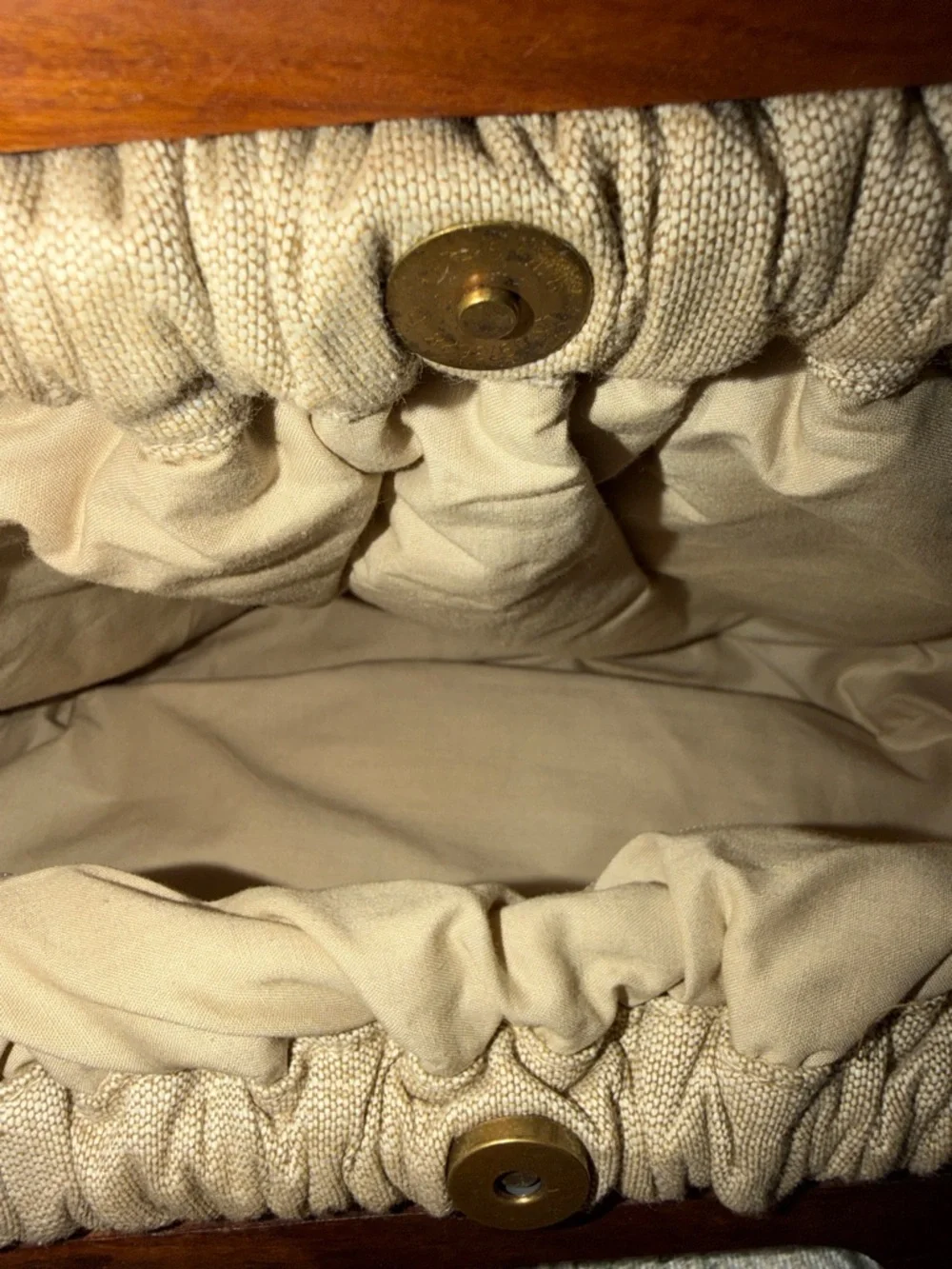 Beaded Beige Linen Clutch with Wooden Handles - Picture 2 of 5